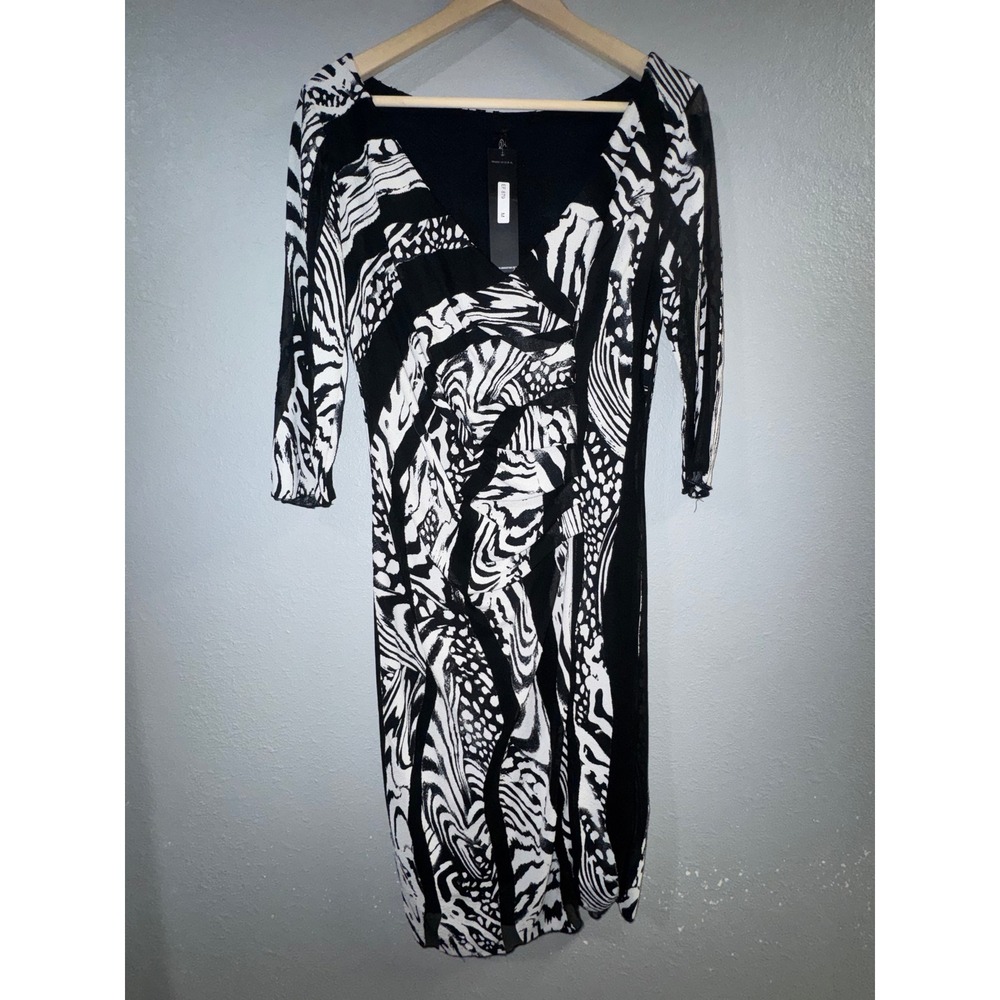 Elana Kattan Black White Abstract Animal Print Ruched Mesh Sleeve Dress M NWT